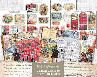 Kit de collage de Hans Christian Andersen, casa de cuento de hadas imprimible, efímeras vintage, diario de viaje, homenaje a Andersen en Copenhague