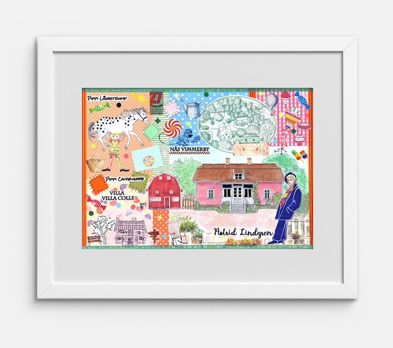 Puede incluir: Impresi&oacute;n enmarcada con un colorido collage de ilustraciones. La obra de arte incluye una casa rosa, un granero rojo, un caballo manchado y el texto "Astrid Lindgren". La impresi&oacute;n est&aacute; sobre un fondo blanco.