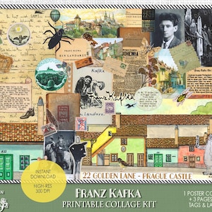 Franz Kafka Collage, Prague Golden Lane Art Print, Prague Castle Poster, Literary Wall Art, Digital Download, Printable Junk Journal Kit