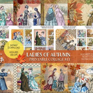 Autumn Vintage Collage Kit, Printable Junk Journal Pages with Victorian Ladies, Fall Ephemera, Botanical Paper for Scrapbooking,DIY Fall Kit