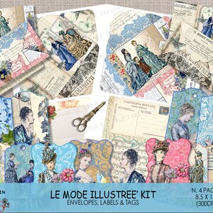 Le Mode Illustree Kit, Junk Journal Pages, Instant Download, Fashion Magazine Illustration, Fashion Plates, Labels, Tags, Envelope, PDF