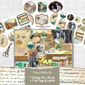 Franz Kafka Collage, Château de Prague, Celebrity Collage, Golden Lane, Affiche numérique, Kit Kafka, Étiquettes Tags, Junk Journal, Ephemera, JPEG PDF