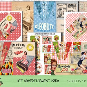 Kit de anúncio dos anos 1950, colagem digital, páginas de lixo eletrônico, envelopes, etiquetas, cartões, publicidade vintage, download instantâneo para impressão, PDF