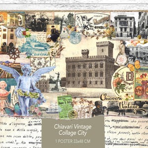 Affiche vintage Chiavari, ville de collage vintage, art mural d’architecture urbaine, ville italienne imprimable, tableau maître numérique avec éphémères vintage