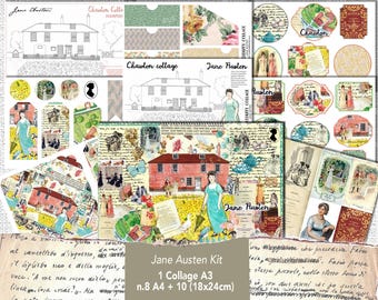 Viajes a Chawton Cottage, efímeras digitales de Jane Austen, kit de collage para diario de viaje, etiquetas imprimibles, pósteres y artículos esenciales de Austen.