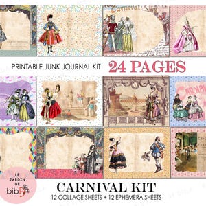 Può includere: Un kit di diario spazzatura stampabile a tema carnevale, con 24 pagine di fogli di collage ed efemeridi. Il design include illustrazioni di figure in costume, scene teatrali e bordi decorativi. Il testo include "Carnival Kit" e "24 Pages".