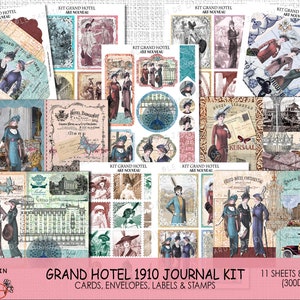Kit Junk Journal Grand Hotel Collage Art Nouveau Liberty Collage Sheets Fashion 1900 Scrapbookig Ephemera Vintage Download Printable PDF