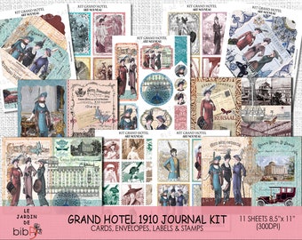 Kit Junk Journal, Collage Grand Hotel, Art Nouveau, Liberty, Hojas de collage, Moda 1900, Álbum de recortes, Efímeras, Vintage, Descargar PDF imprimible