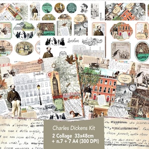 Charles Dickens Junk Journal Insert, London Souvenir Ephemera Kit, Printable Labels, Pockets Vintage Travel Bundle, London Travel Journal