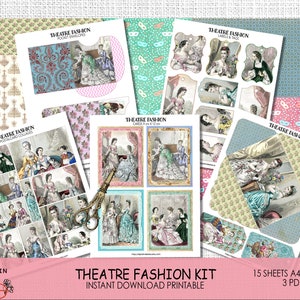 Theatre Fashion, Junk Journal Kit,  Pocket Envelope, Cards, PostalCard, Labels, Tags, Fussy Cut, Ephemera, Collage Sheets, Digital Download
