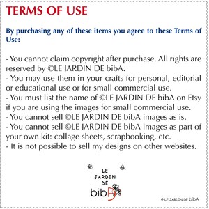 Puede incluir: Fondo blanco con el texto "TERMS OF USE" en rojo. El texto explica los t&eacute;rminos de uso de las im&aacute;genes, incluidos los derechos de autor y de uso. El logotipo de OLE JARDIN DE bibA est&aacute; en la parte inferior.