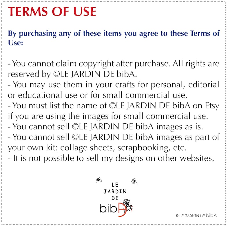 Puede incluir: Fondo blanco con el texto "TERMS OF USE" en rojo. El texto explica los t&eacute;rminos de uso de las im&aacute;genes, incluidos los derechos de autor y de uso. El logotipo de OLE JARDIN DE bibA est&aacute; en la parte inferior.
