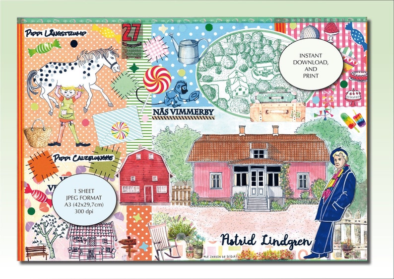 Puede incluir: Ilustraci&oacute;n colorida con personajes de Pippi Calzaslargas, un granero rojo y una casa rosa con techo rojo. Incluye el texto "DESCARGA INSTANT&Aacute;NEA E IMPRESI&Oacute;N" y "Astrid Lindgren". Formato A3 (42x29,7cm).