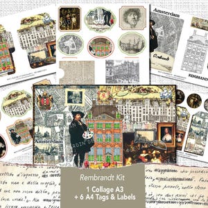 Journeys to the homes of famous authors Rembrandt Kit, Rembrandthuis Amsterdam Diy Junk Journal Supply, Poster Labels Tags Vintage Ephemera