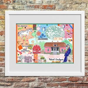 Puede incluir: Una impresi&oacute;n art&iacute;stica enmarcada con un colorido collage de ilustraciones. La obra de arte incluye una casa rosa, un caballo con manchas, un granero rojo y el texto "Astrid Lindgren". La impresi&oacute;n est&aacute; en un marco blanco.