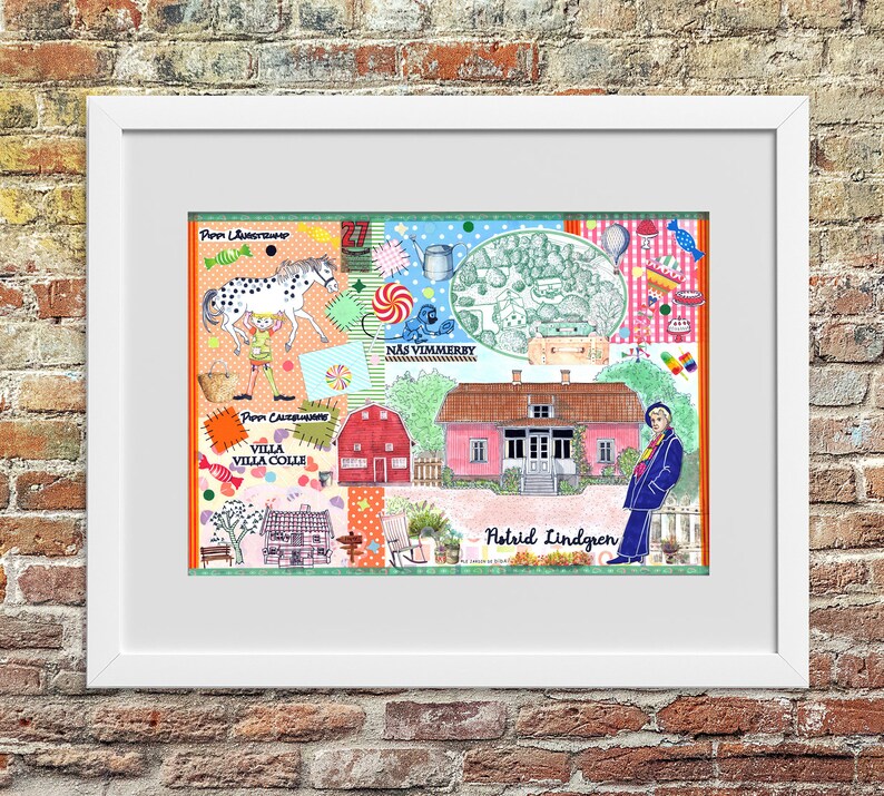 Puede incluir: Una impresi&oacute;n art&iacute;stica enmarcada con un colorido collage de ilustraciones. La obra de arte incluye una casa rosa, un caballo con manchas, un granero rojo y el texto "Astrid Lindgren". La impresi&oacute;n est&aacute; en un marco blanco.