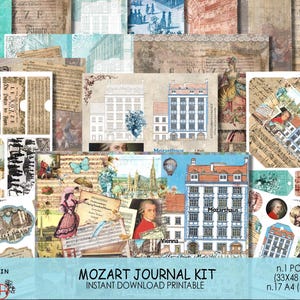 Può includere: Un collage di elementi di diario in stile vintage a tema Mozart. Il design include illustrazioni di edifici, note musicali, ritratti ed elementi decorativi nei toni del beige, blu e rosso. Il testo "MOZART JOURNAL KIT" è visibile.