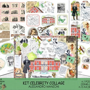Journeys to the homes of famous authors Alessandro Manzoni Kit, Betrothed,Vintage Tags Labels Scrapbook,Embellishments Digital Ephemera