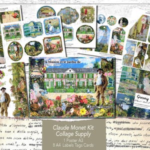 Create with Claude Monet, Giverny Garden Collage Kit for Junk Journal, Fussy Cut Kit, Whimsical Monet Essentials, Junk Journal Supply Labels