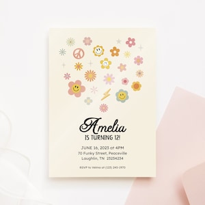 Minimal Smiley Face Floral Cute Birthday Party Invitation | Instant & Customizable Digital Template | SMLE