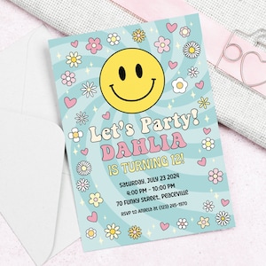 Smiley Face Floral Cartoon Cute Birthday Party Invitation | Instant & Customizable Digital Template | SMLE