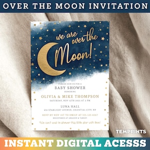 Invitación para baby shower "Over the Moon", invitación editable con estrellita brillante / Plantilla digital personalizable e instantánea / BSM1