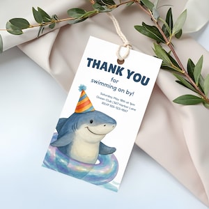 Pool Party Shark Favor Tags: Editable Kids Birthday Decor (Digital Download 2x3.5in Template)