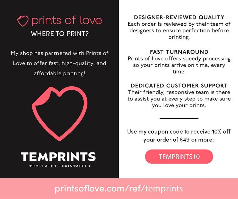 May include: A promotional graphic with a black background and pink accents. The text "prints of love" and "TEMPRINTS" are displayed. The image promotes fast, high-quality, and affordable printing services. A coupon code is also included.