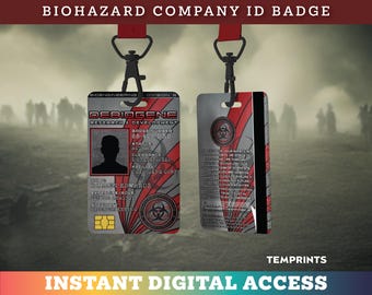 Op de afbeelding: Een biohazard bedrijfs-ID-badge met een rood koord. De badge bevat de tekst "DEBIOGENE RESEARCH & DEVELOPMENT" en een biohazard-symbool. De voorkant van de badge toont een silhouet en werknemersinformatie. De achterkant van de badge heeft een lijst met tekst.