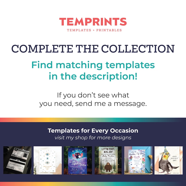 May include: A promotional image for TEMPRINTS, featuring the text "COMPLETE THE COLLECTION" and "Find matching templates in the description!" with a variety of template examples below. The image has a colorful gradient at the bottom.