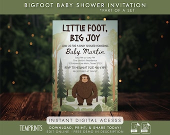 Bigfoot Baby Shower Invite | Cryptid Bigfoot | Instant Download | Little Foot Big Joy Let The Adventure Begin | Gender Neutral | 6898