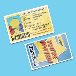 Invitación de tarjeta de identificación de fábrica de juguetes Playtime 80's 90's / Plantilla digital instantánea y personalizable / PPT