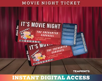 Peut inclure: Deux modèles de billets de cinéma rouge et blanc avec le texte "It's Movie Night" et "You're going to see The Enchanted Carousel" avec une image de dessin animé d'un seau de popcorn et d'une bobine de film. Les billets sont sur un fond de velours rouge.