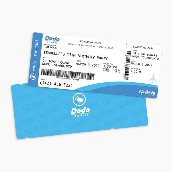 Invitation de carte d'embarquement de Dodo Airlines | Modèle numérique instantané et personnalisable | ACNH