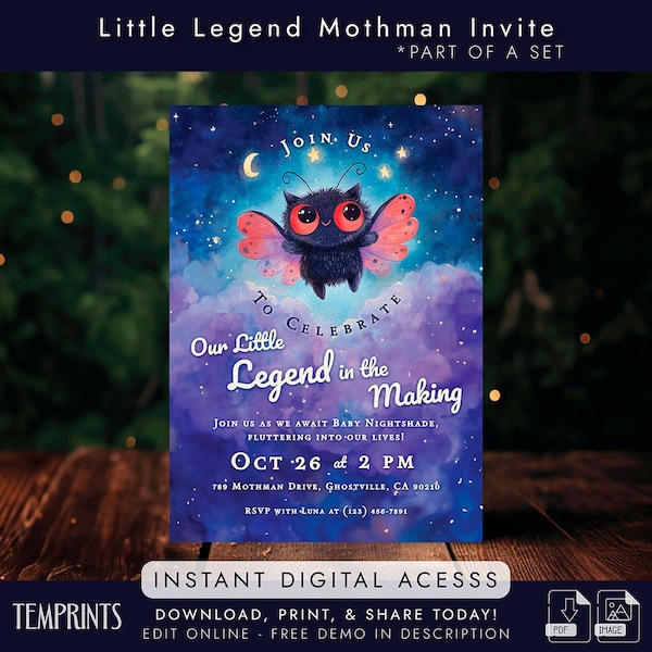 Invitación para baby shower de Mothman: Little Legend, género neutro (descarga digital)