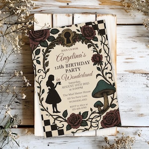 May include: An invitation for Angelina's 12th birthday party in Wonderland. The design features a keyhole, roses, a silhouette of a girl, and a mushroom. The text includes the date, time, and RSVP information.