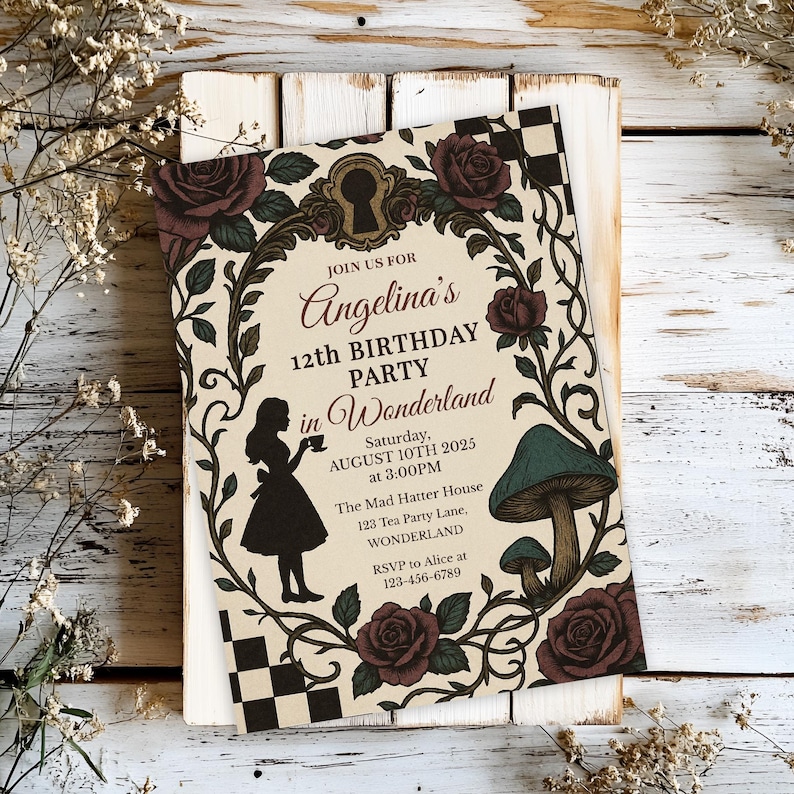 May include: An invitation for Angelina's 12th birthday party in Wonderland. The design features a keyhole, roses, a silhouette of a girl, and a mushroom. The text includes the date, time, and RSVP information.
