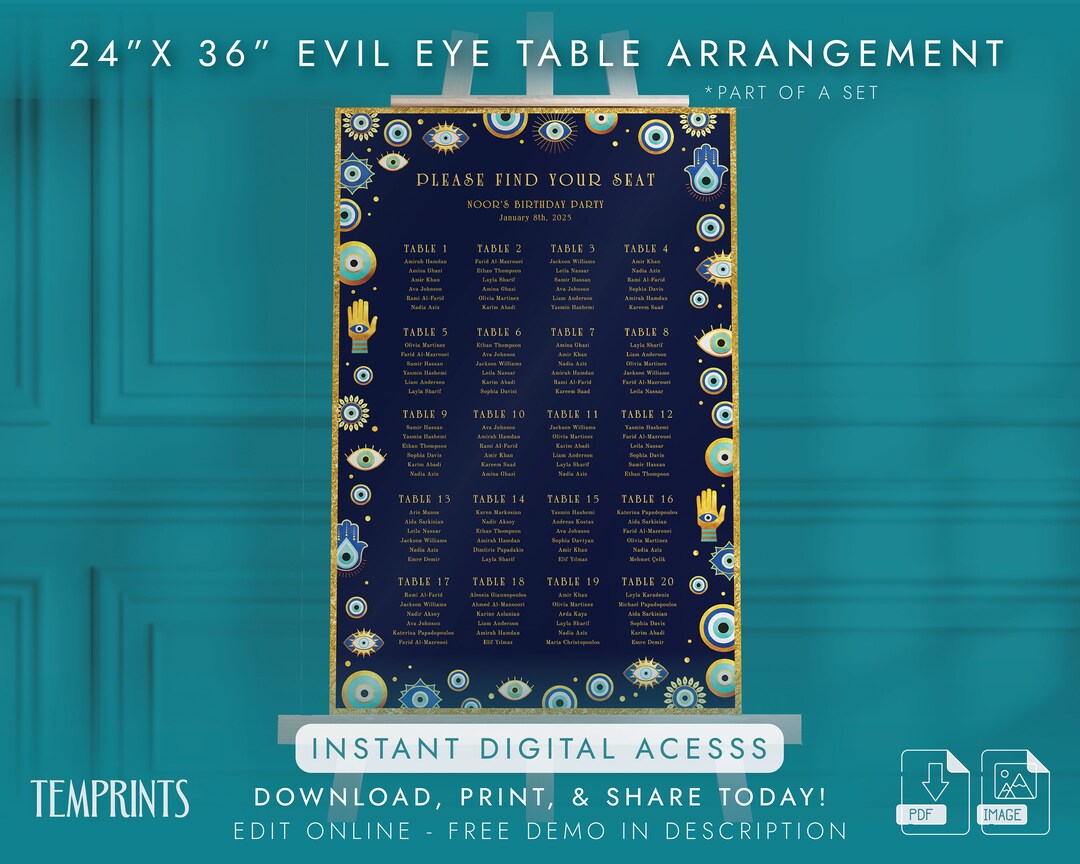 Evil Eye Seating Chart | Gold Table Arrangement (24x36, Digital ...