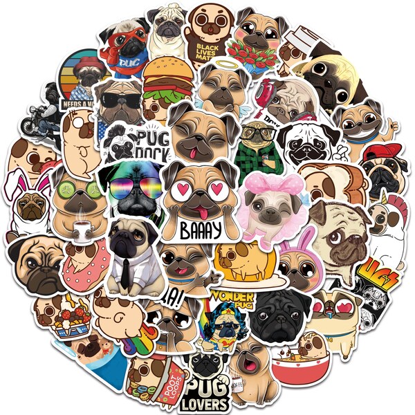 50 PSC Pug Dog Stickers Vinyl Waterproof Stickers for Laptop Luggage Hydroflask Bike Skateboard Car DIY Graffiti Stickers [BP1025YL]