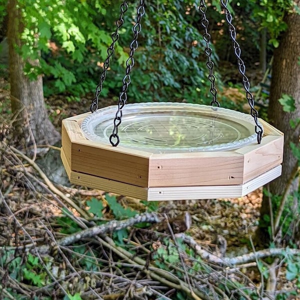 Hanging Bird Bath - Wooden with Chain Hanger - Small Octagon - Great Family Gift - Handmade in the USA