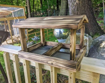 Wooden Bird Seed Feeder with Roof: Deck Rail Fly Through, Handmade in USA