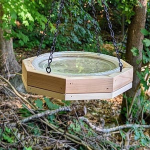 Hanging Bird Bath: Handmade Wooden Octagon with Chain