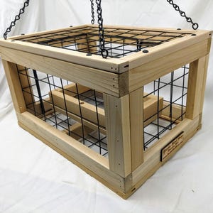 Hanging Feeder Squirrel Buster - Wooden Bird Feeder Cage and Chain Hanger - Optional Wood Roof - Large - Great Family Gift