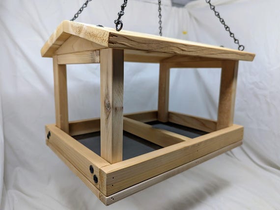 Hanging Wooden Bird Feeder with Roof - Handmade Pine Fly-Through