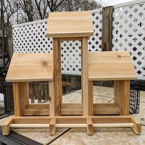 Handmade Pine Bird Seed Feeder with 3 Hoppers & Suet Cages