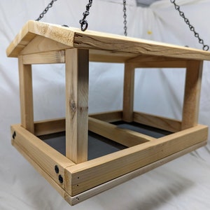 Hanging Feeder - Wooden Bird Seed Feeder with Roof and Chain Hanger - Fly Through - Large - Great Family Gift - Handmade in the USA