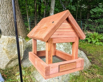 Hanging Feeder - Wooden Bird Seed Feeder with Roof and Chain Hanger - Fly Through - Great Family Gift - Handmade in the USA