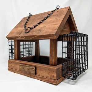 Hanging Wooden Bird Feeder with Suet Cages: Handmade Pine Fly-Through