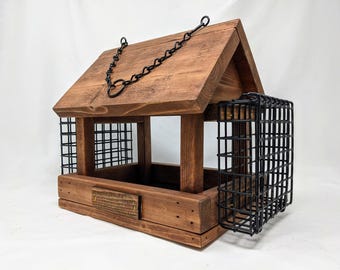 Hanging Wooden Bird Feeder with Suet Cages: Handmade Pine Fly-Through