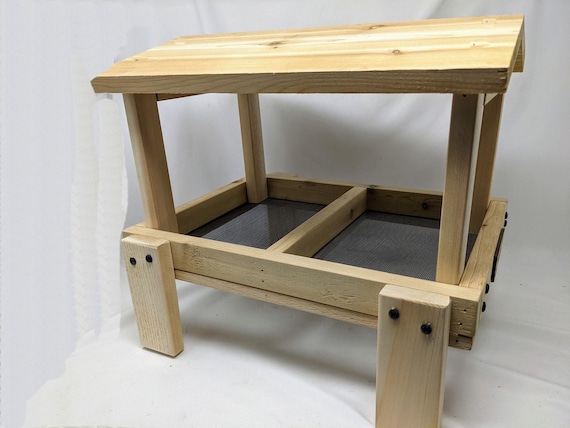 Wooden Ground Bird Feeder with Roof - Handmade Pine Tray